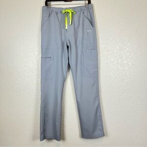 Figs Women's Gray Scrub Pants with Neon Yellow Drawstring